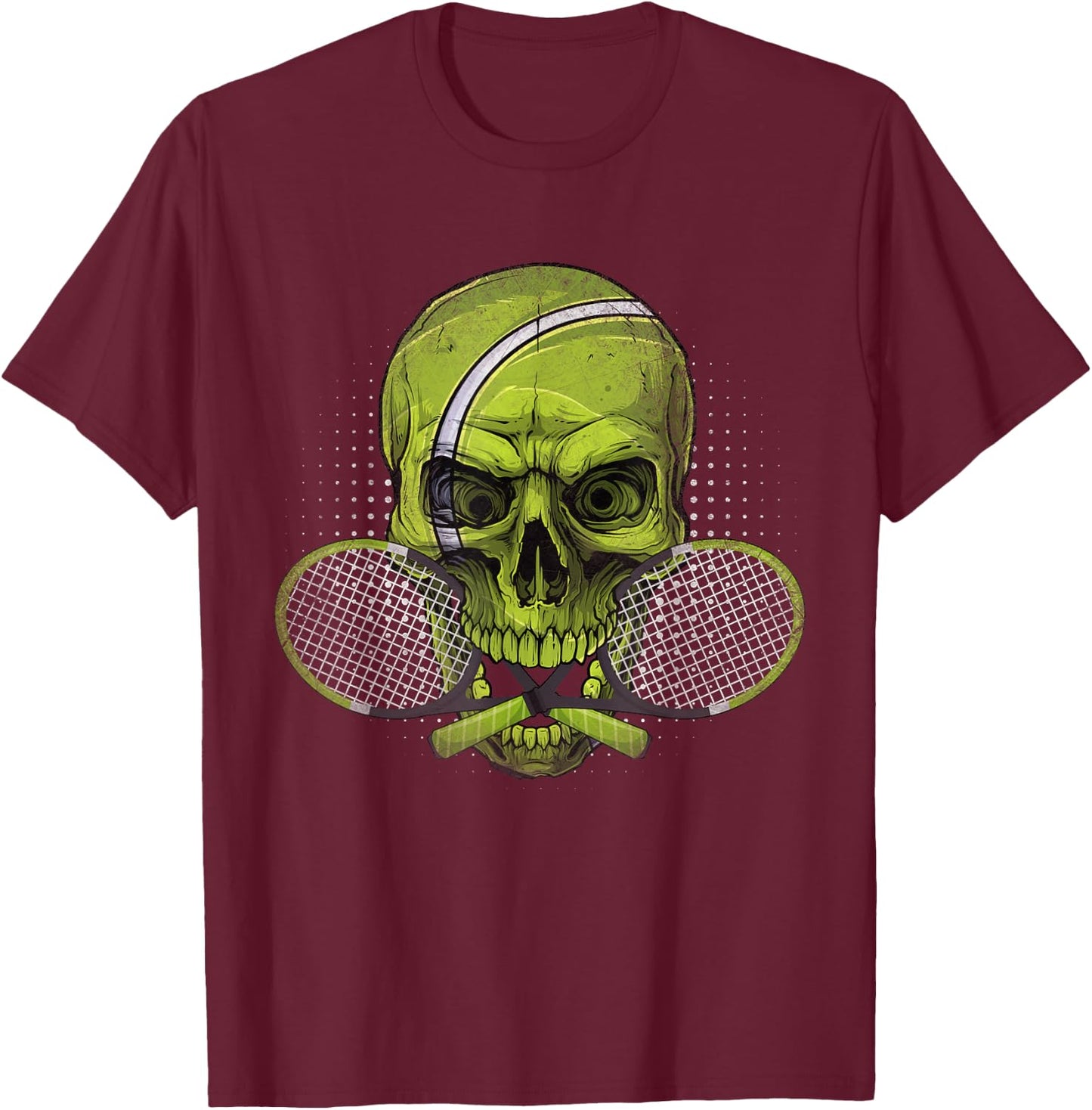 Skeleton Head Skull Tennis Ball & Rackets Happy Halloween T-Shirt - T-Shirt | Maroon