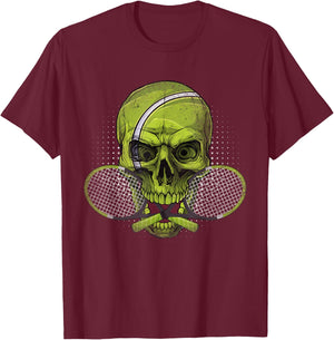 Skeleton Head Skull Tennis Ball & Rackets Happy Halloween T-Shirt - T-Shirt | Maroon