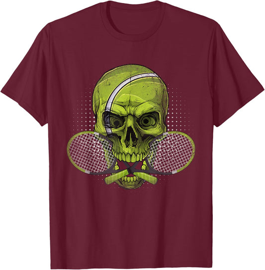 Skeleton Head Skull Tennis Ball & Rackets Happy Halloween T-Shirt - T-Shirt | Maroon