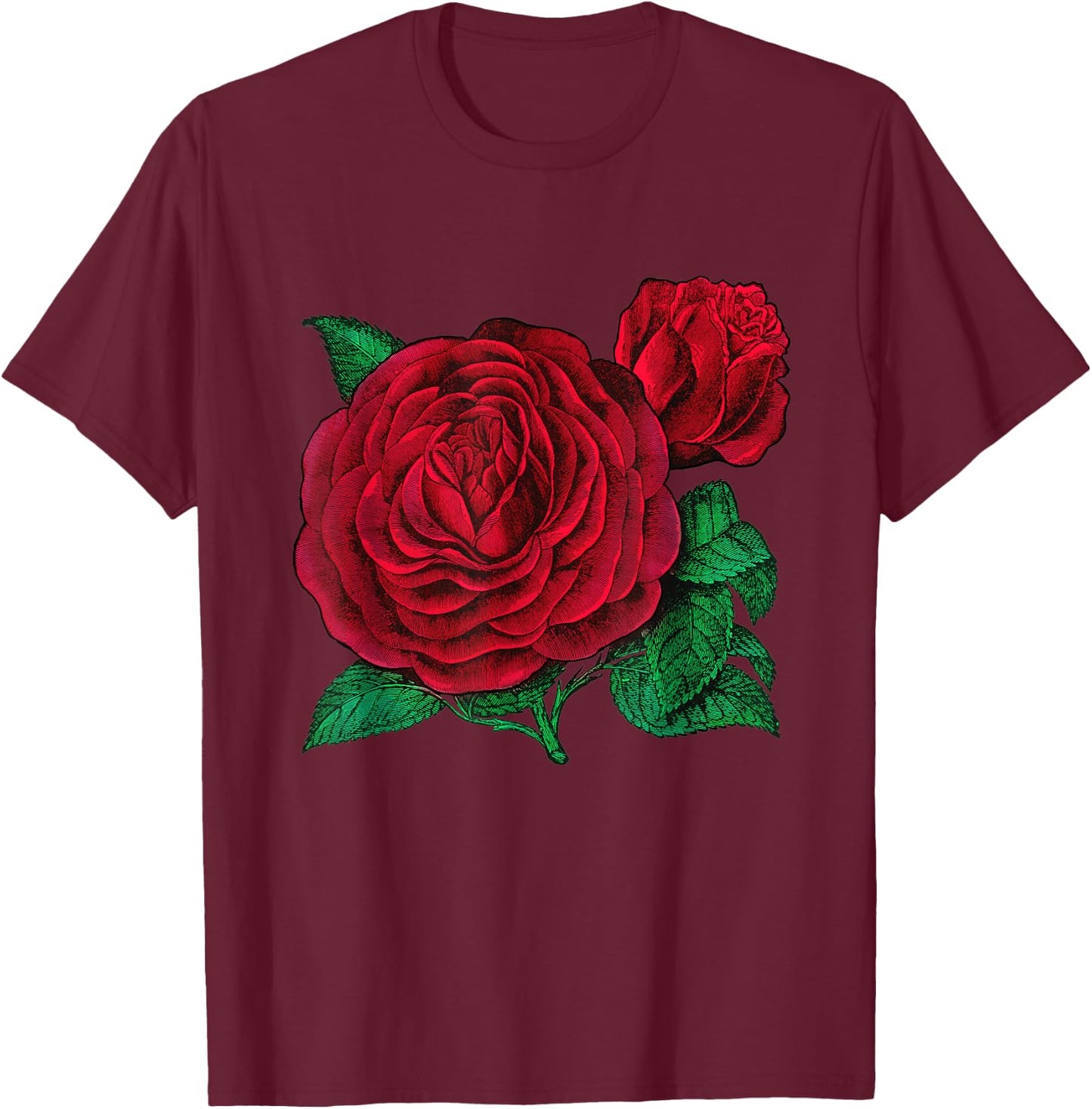 Vintage Red Roses Flower Floral Illustration Blossom Lovers T-Shirt - T-Shirt | Maroon