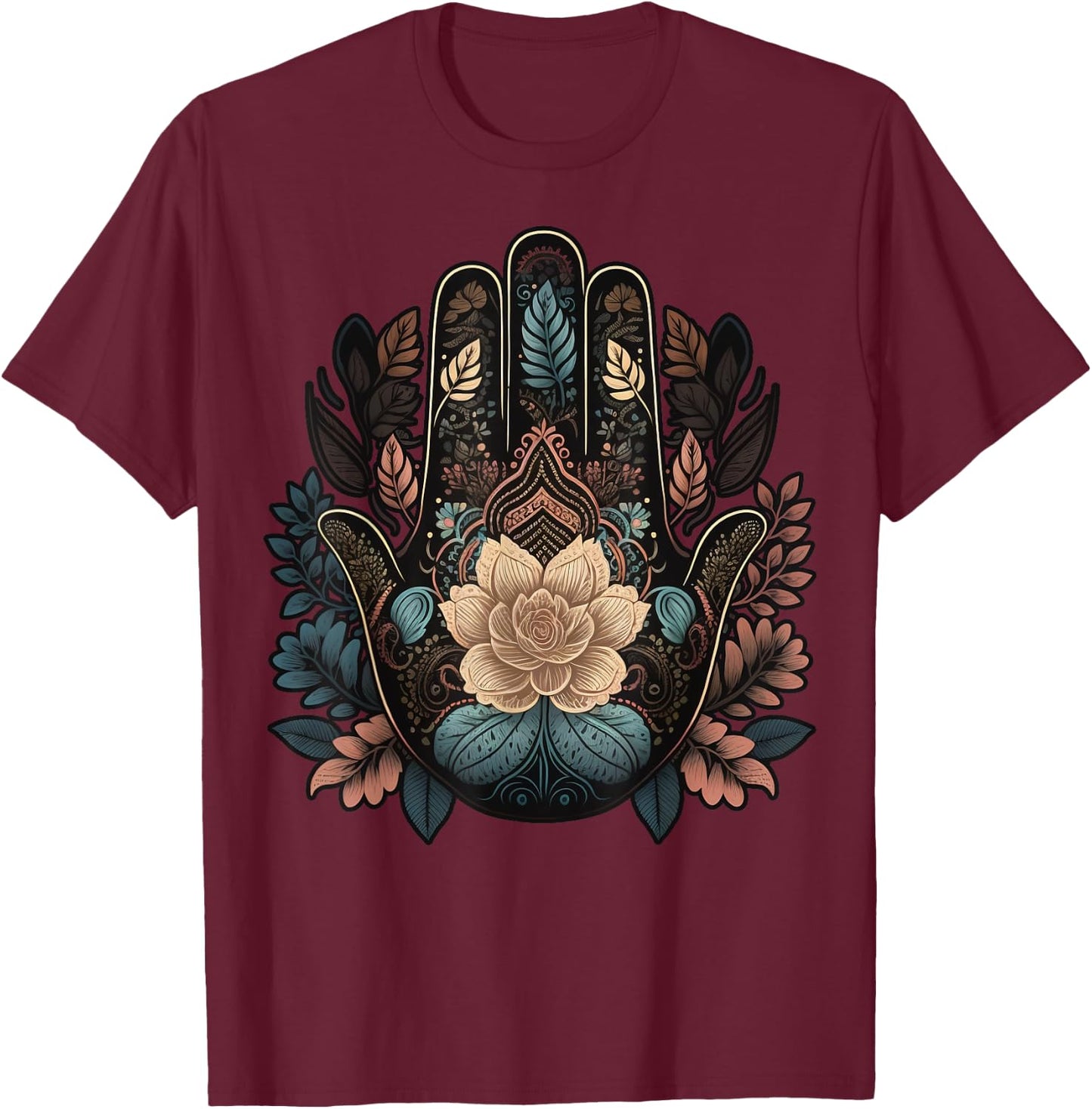 Floral Khamsah or Hand of Fatima on flower Hand of Hamsa T-Shirt - T-Shirt | Maroon