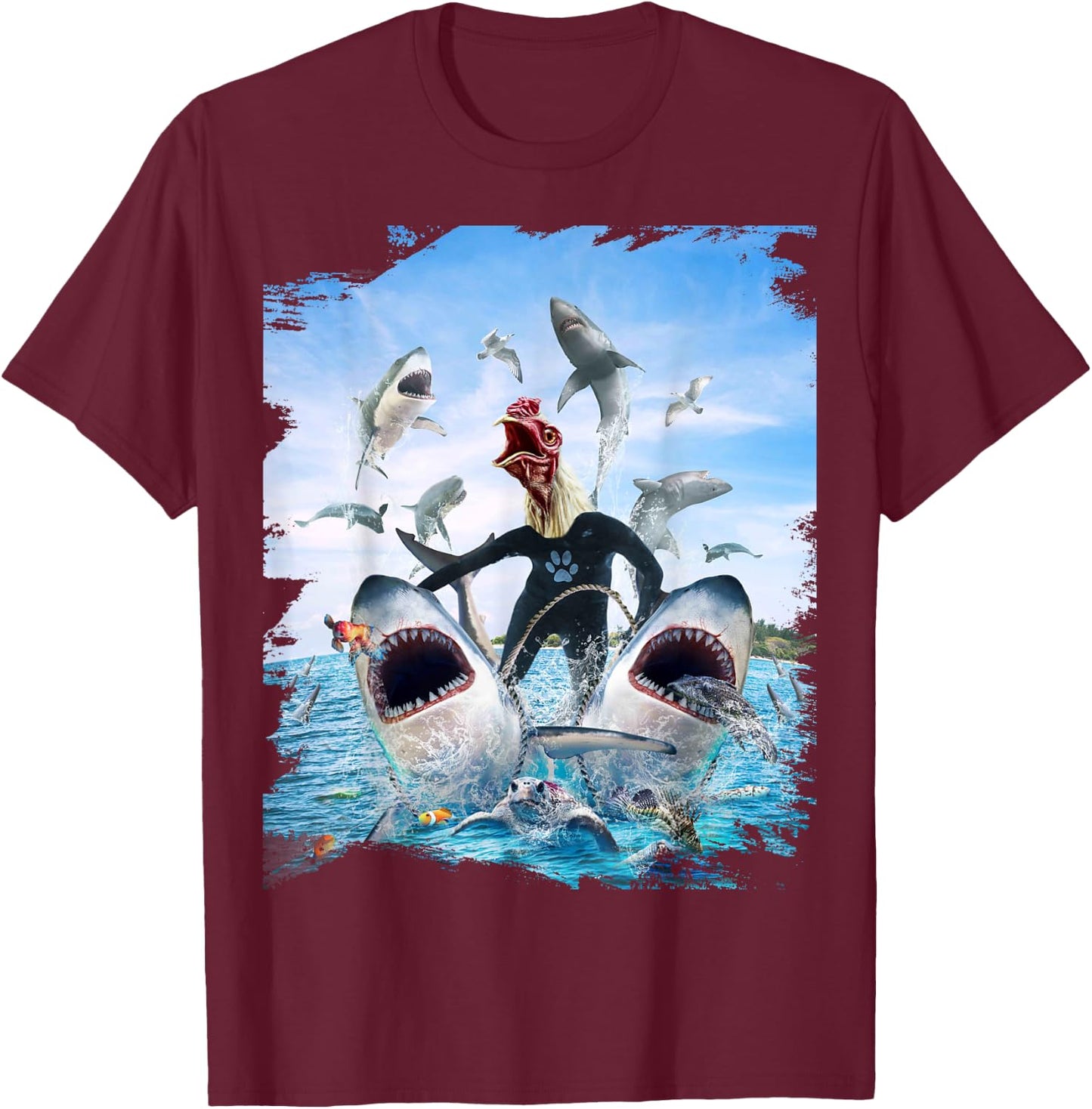 Chicken Riding Shark Sharks At Beach Ocean Funny T-Shirt - T-Shirt | Maroon