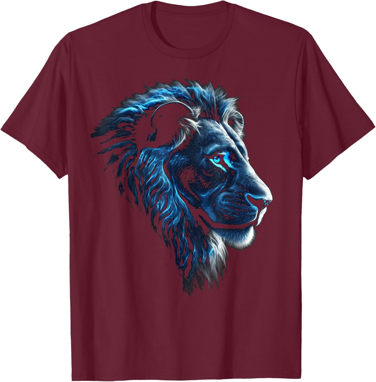 Lion Artwork, Blue Eyes, Animal Motif, Art Lion T-Shirt - T-Shirt | Maroon