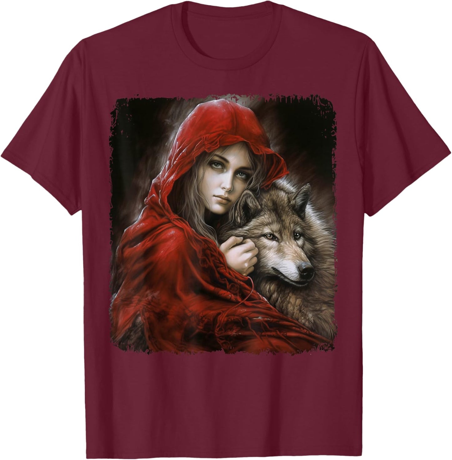 Woman with Hood in red and Gray Wolf Fantasy Art Painting T-Shirt - T-Shirt | Maroon