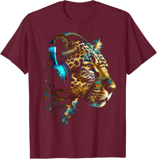 Leopard Music - Animal Lovers Art Headphones Animal Leopard T-Shirt - T-Shirt | Maroon