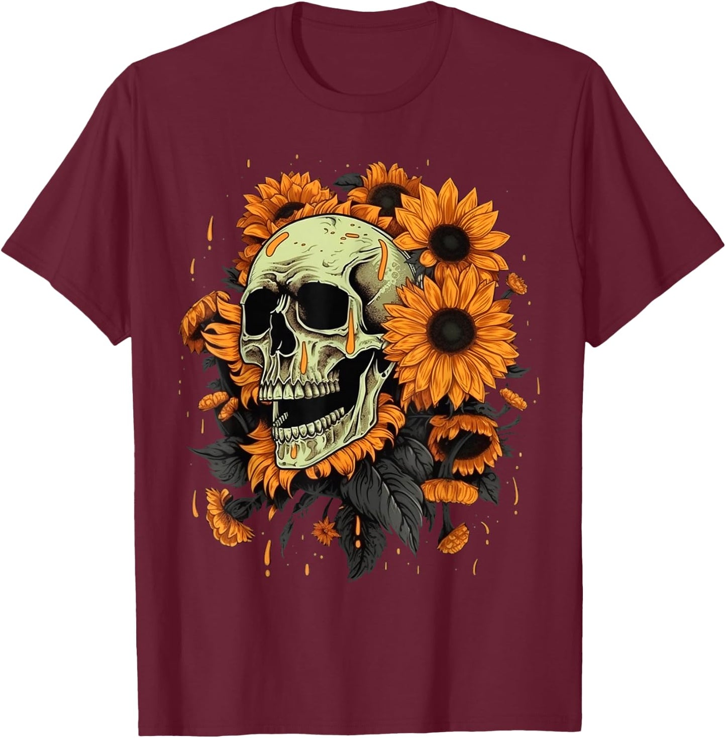 Skull Flowers on Rocker Sunflower Sugar Skull T-Shirt - T-Shirt | Maroon
