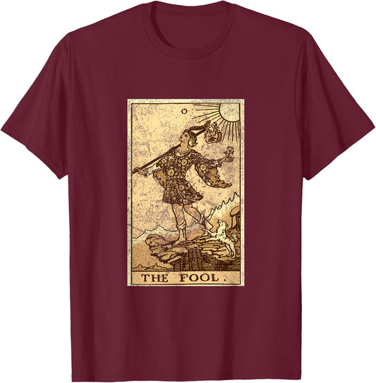 The Cartomancy And Divination Co. Fool Tarot Card Cartomancy Divination - Black, -Adults, Small, Short Sleeve, Classic Fit, Halloween Tarot T-Shirt - T-Shirt | Maroon