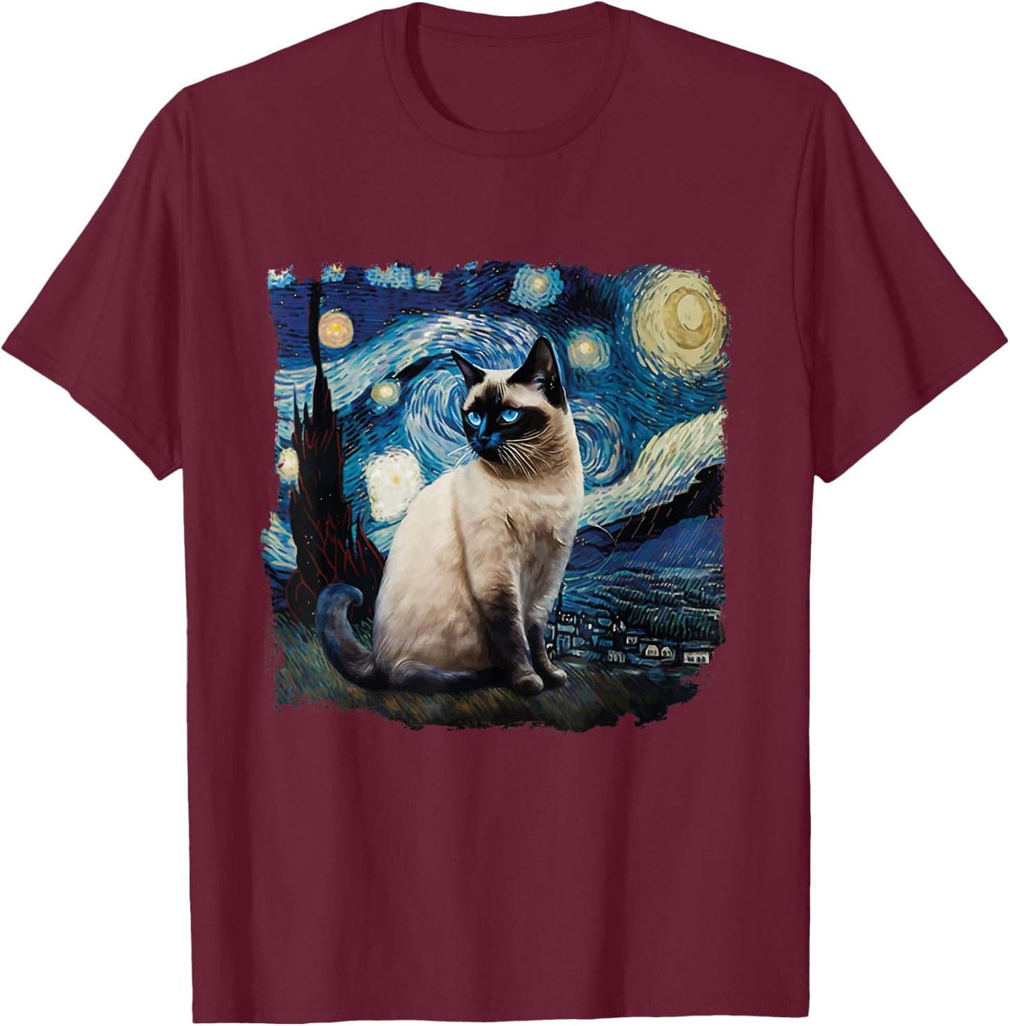 Cute Van Gogh Starry Night Cat Siamese Cat Lover Funny T-Shirt - T-Shirt | Maroon