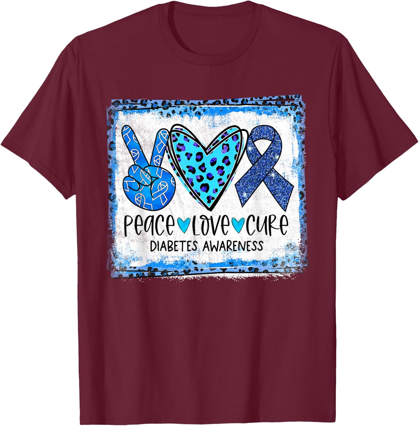 Peace Love Cure Blue Ribbon T1D Type 1 Diabetes Awareness T-Shirt - T-Shirt | Maroon
