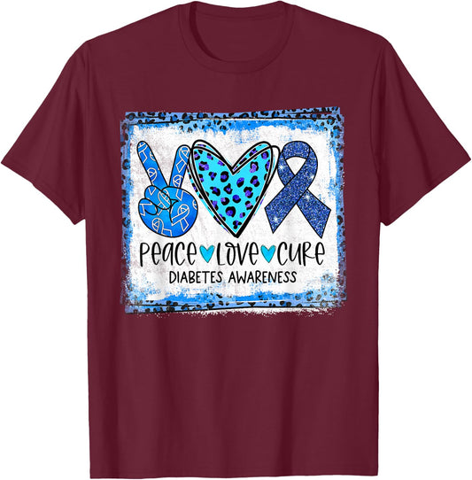 Peace Love Cure Blue Ribbon T1D Type 1 Diabetes Awareness T-Shirt - T-Shirt | Maroon