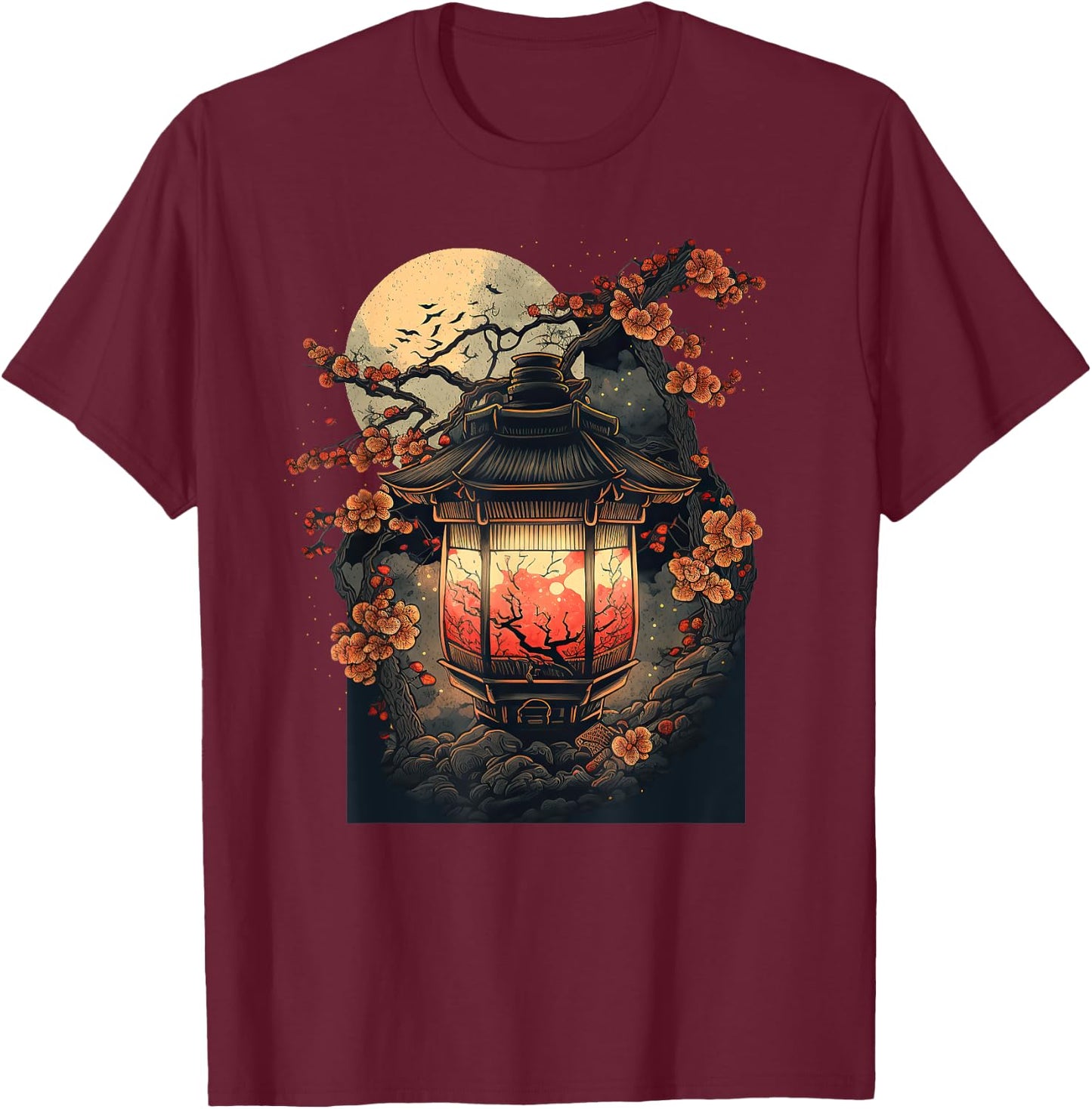 Japanese Pagoda Lantern Japan Art Sakura Blossom Zen Art T-Shirt - T-Shirt | Maroon