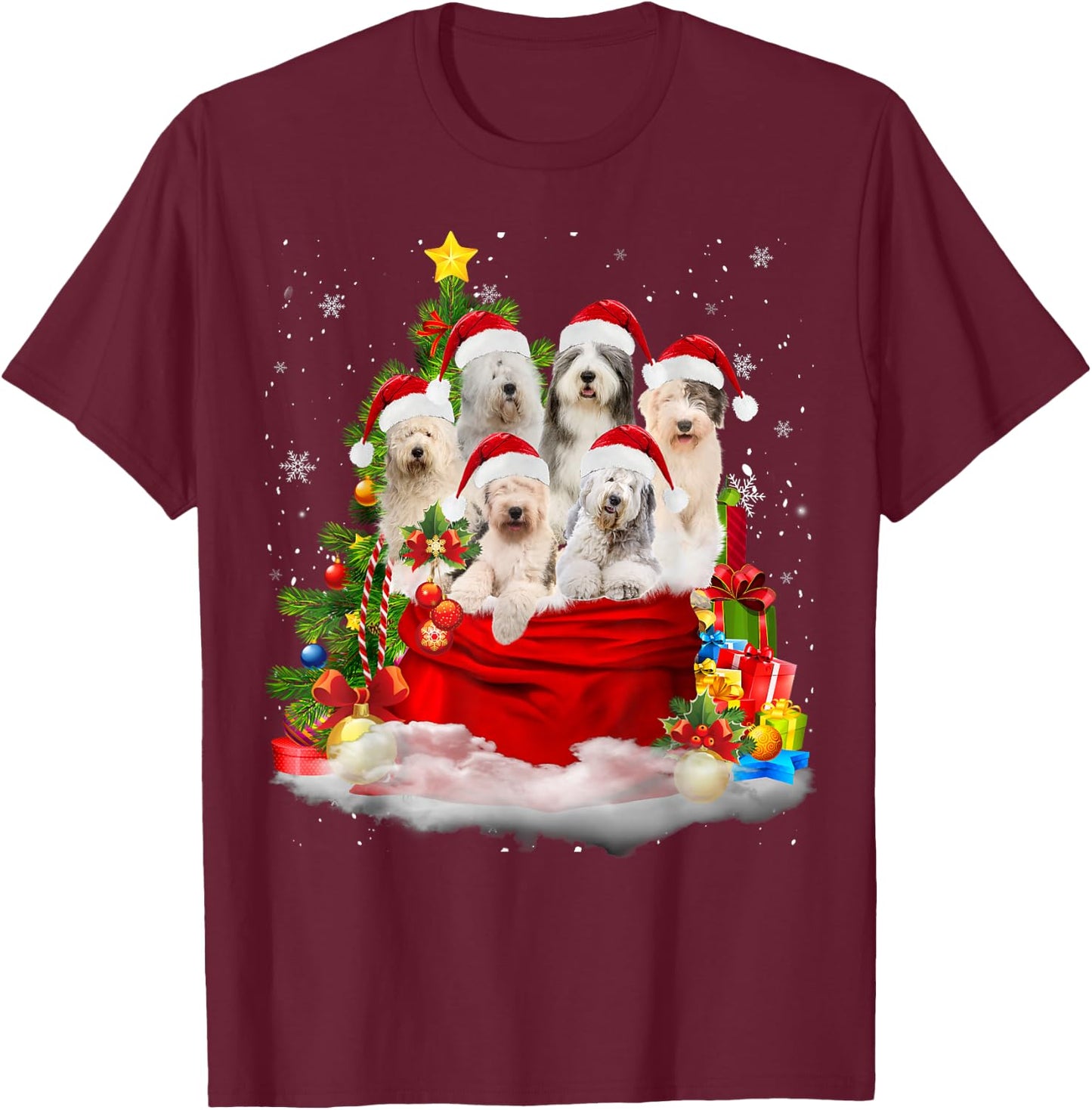 Old English Sheepdog Christmas Santa Claus Bag Xmas Pajama Men Women Kids T-Shirt - T-Shirt | Maroon