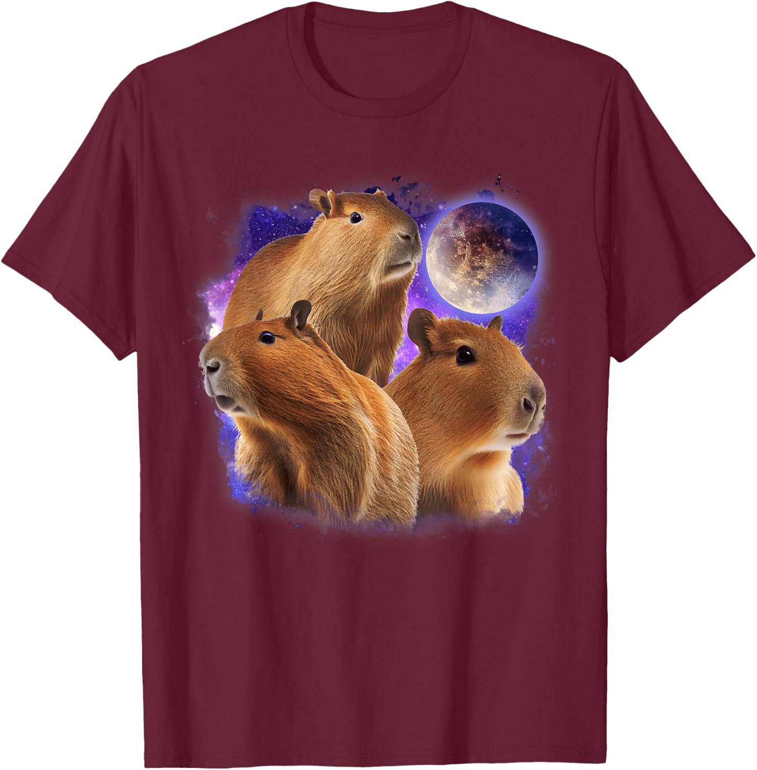 Full Moon Three Capybara Funny 3 Rodent Galaxy Capybaras T-Shirt - T-Shirt | Maroon