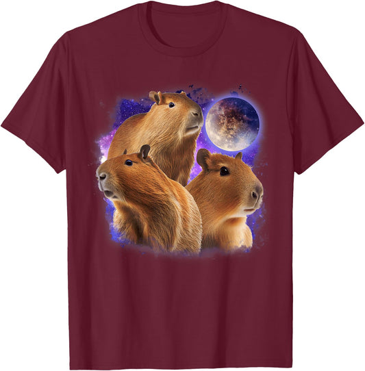 Full Moon Three Capybara Funny 3 Rodent Galaxy Capybaras T-Shirt - T-Shirt | Maroon