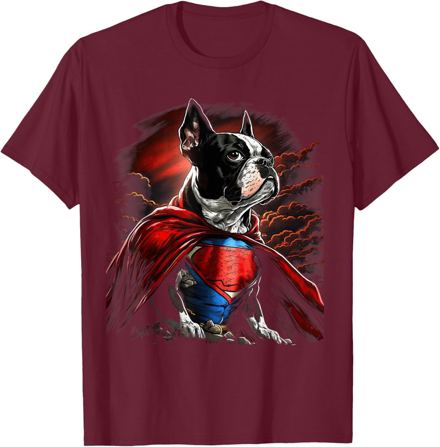 Super Power Superhero Boston Terrier Dog T-Shirt - T-Shirt | Maroon
