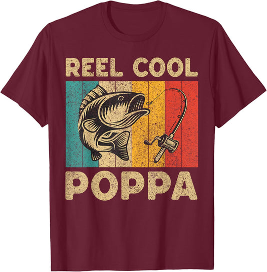 Father's Day Present Funny Fishing Reel Cool Poppa T-Shirt - T-Shirt | Maroon
