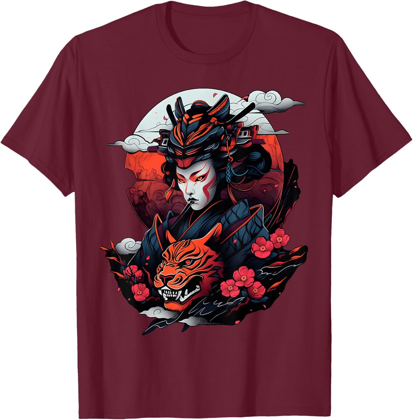Samurai and Tiger Bold Graphic with Traditional Japanese Art T-Shirt - T-Shirt | Maroon