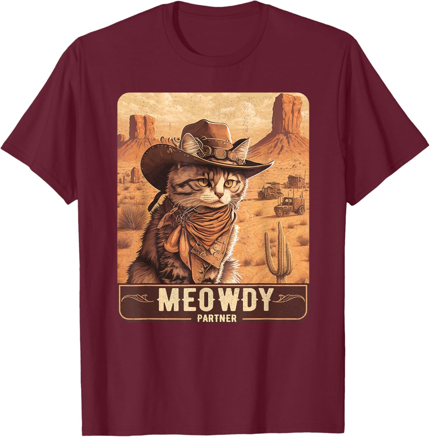 Meowdy! Funny Country Music Cat Cowboy Hat Poster Funny T-Shirt - T-Shirt | Maroon