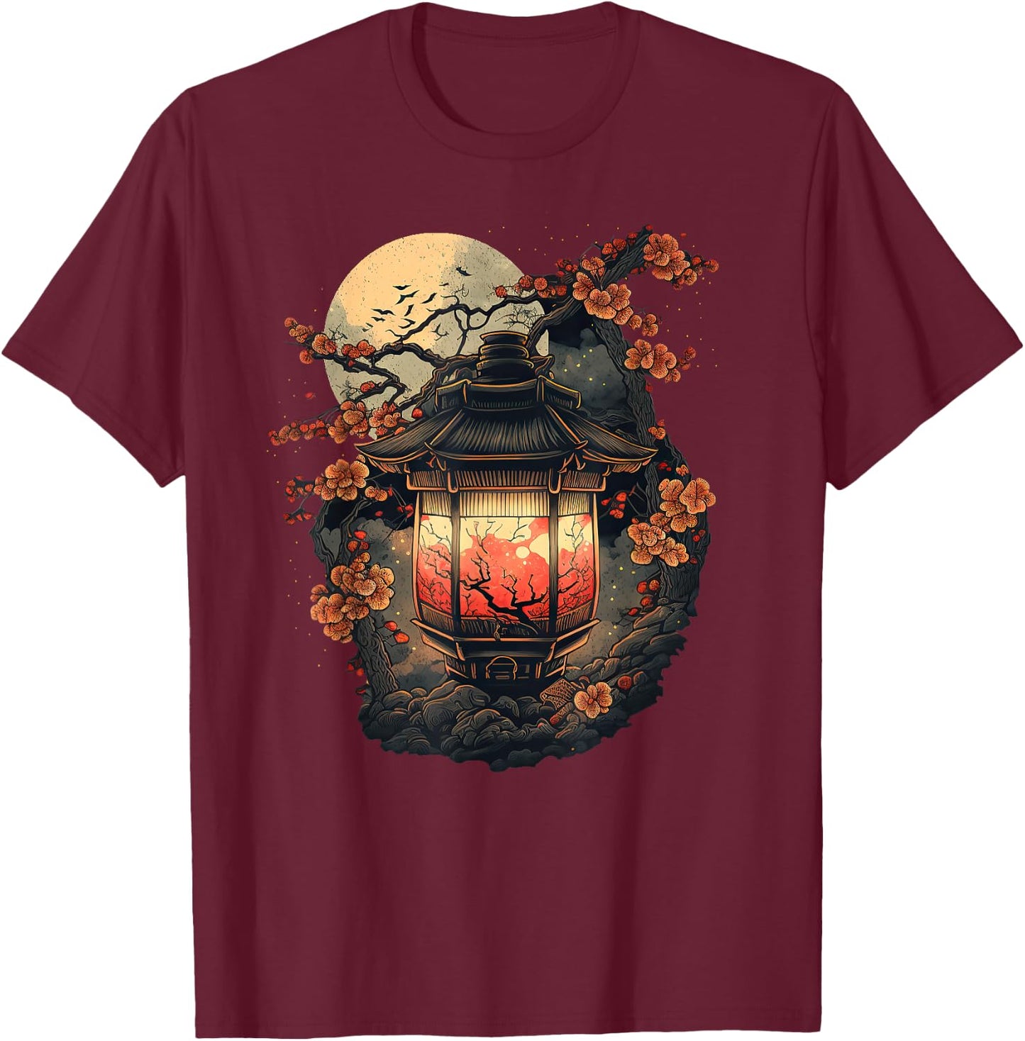 Japan Art Japanese Pagoda Lantern Sakura Blossom Aesthetic T-Shirt - T-Shirt | Maroon