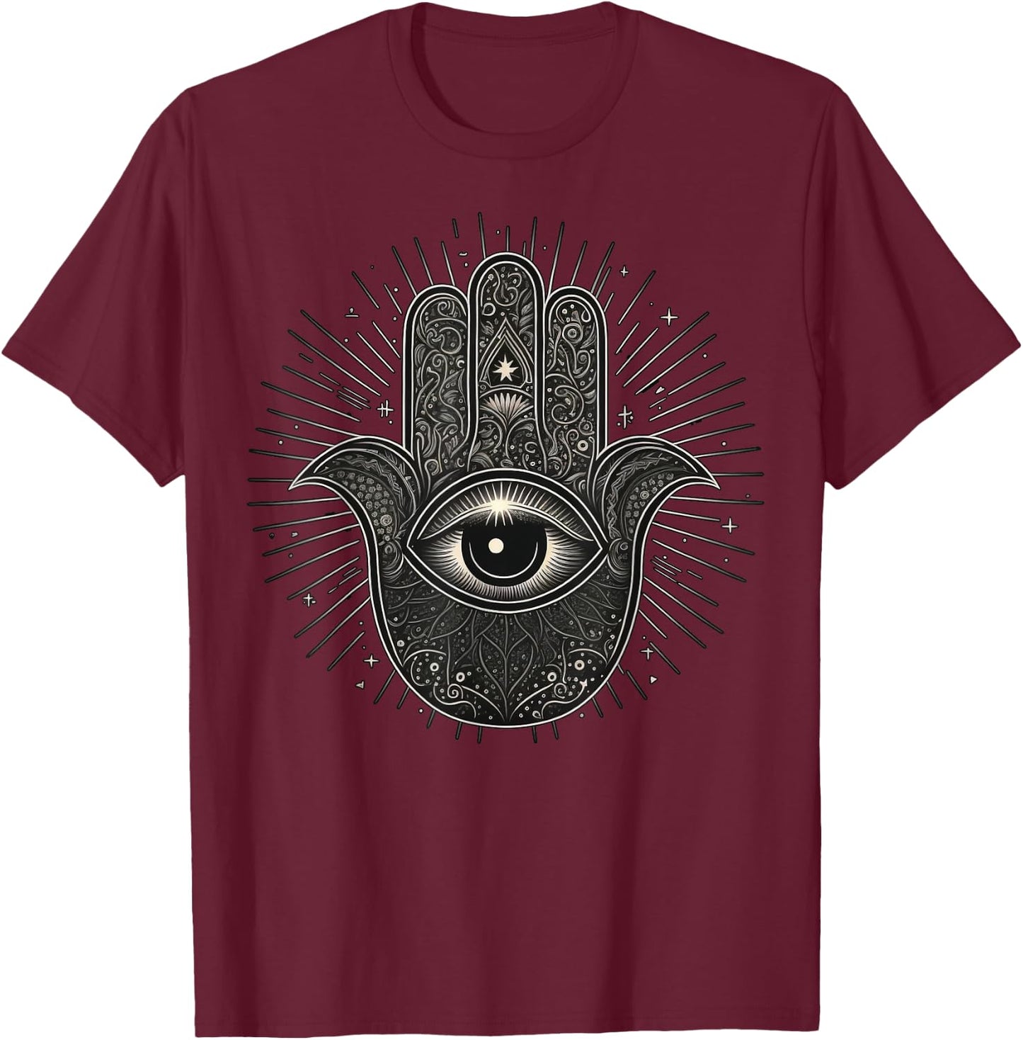 Khamsah or Hand of Fatima on Black and White Hand of Hamsa T-Shirt - T-Shirt | Maroon