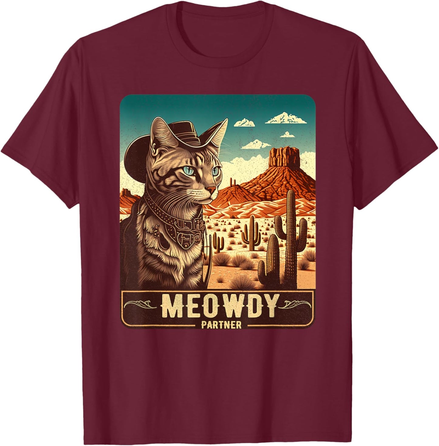 Meowdy! Funny Country Music Cat Cowboy Hat Poster Funny T-Shirt - T-Shirt | Maroon