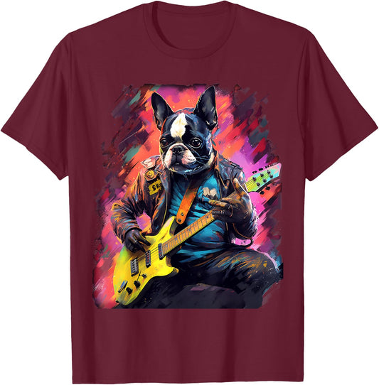 Rock Guitar Boston Terrier Dog Guitarist T-Shirt - T-Shirt | Maroon