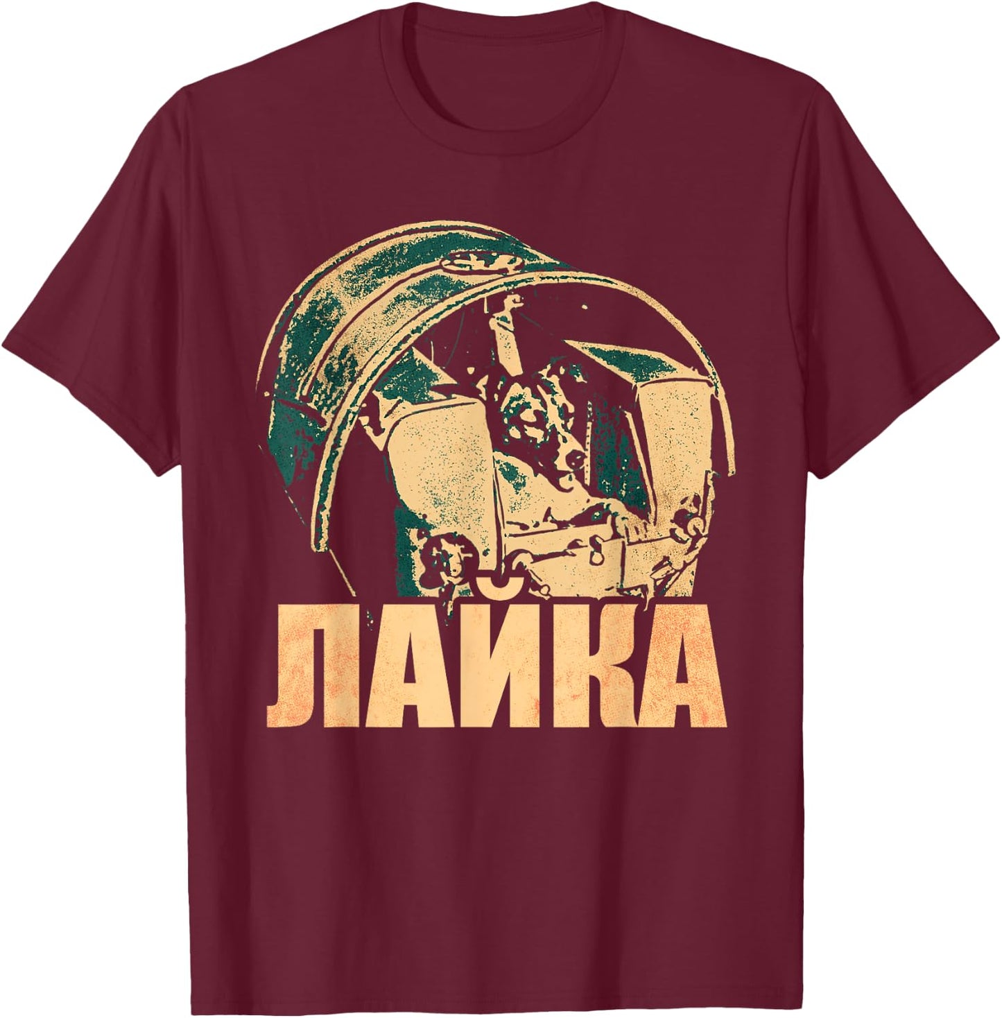 Laika Dog Animal Space Astronaut Soviet Union Cyrillic T-Shirt - T-Shirt | Maroon