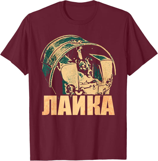 Laika Dog Animal Space Astronaut Soviet Union Cyrillic T-Shirt - T-Shirt | Maroon