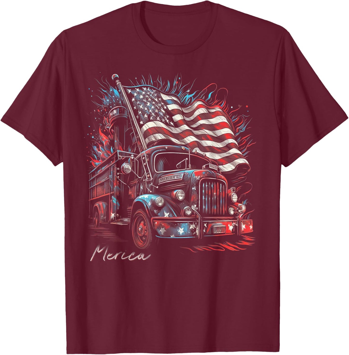 Fireman Firefighter 4th of July American Flag USA Funny T-Shirt - T-Shirt | Maroon