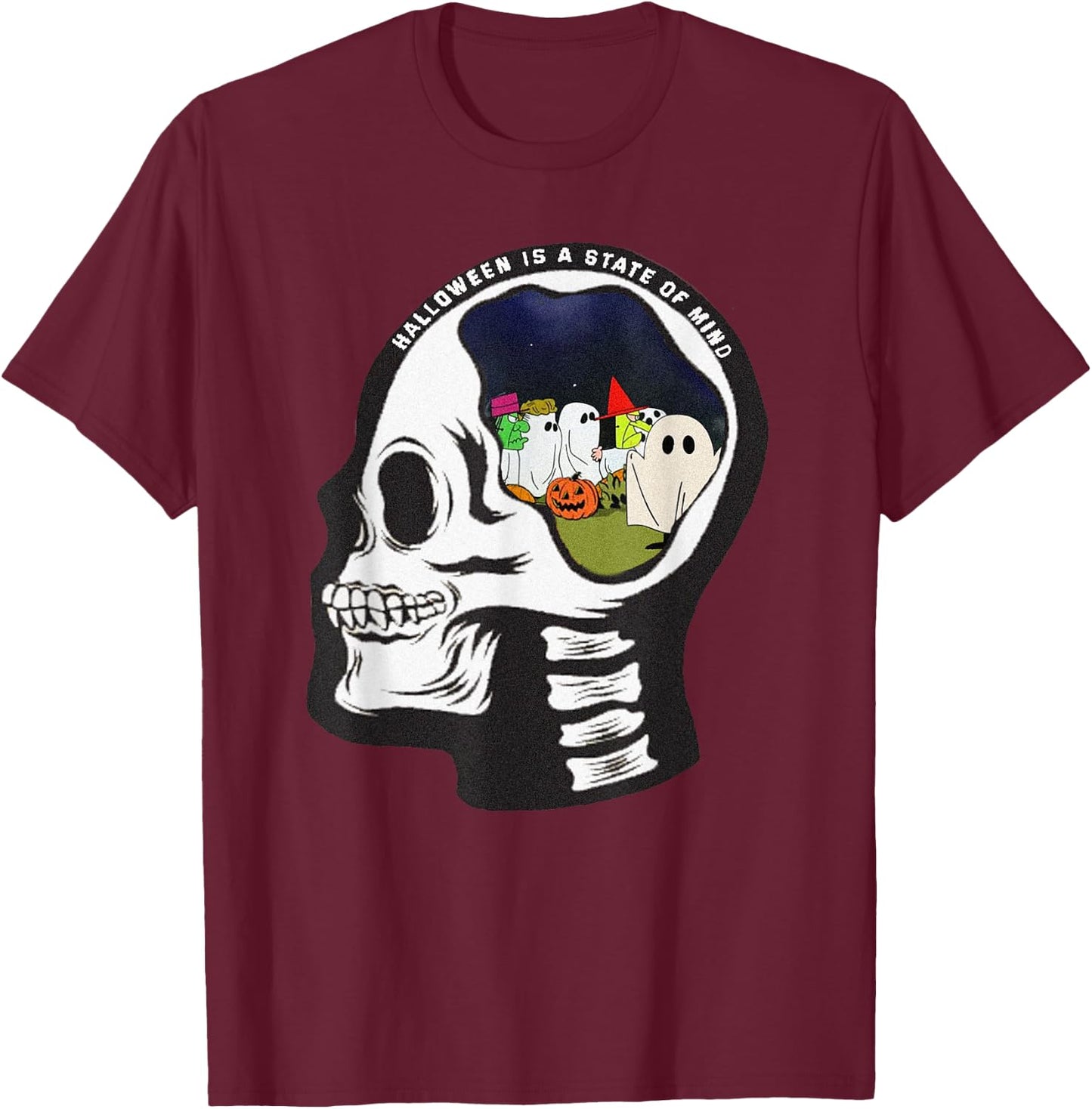 Halloween is a State of Mind Pumpkin Ghost Skeleton Retro T-Shirt - T-Shirt | Maroon
