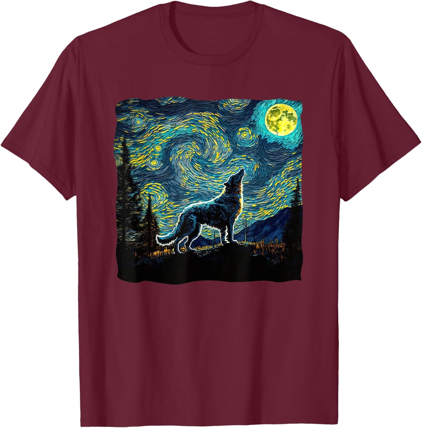 Wolf Starry Night Wilderness Howling Moon Van Gogh Painting T-Shirt - T-Shirt | Maroon
