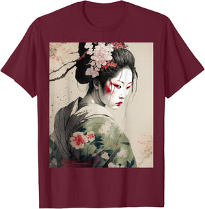 Beautiful Japanese Dark Geisha Sakura Blossoms Kimono T-Shirt - T-Shirt | Maroon