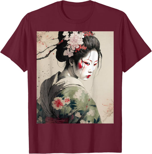 Beautiful Japanese Dark Geisha Sakura Blossoms Kimono T-Shirt - T-Shirt | Maroon