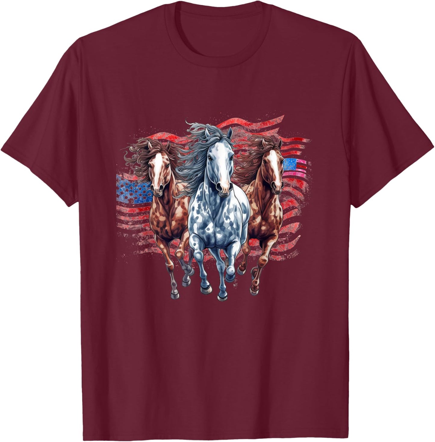 Memorial Day, 4th of July patriotic usa flag horses T-Shirt - T-Shirt | Maroon