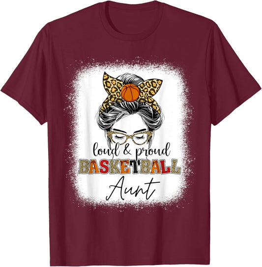 Loud and Proud basketball Aunt messy bun leopard girls T-Shirt - T-Shirt | Maroon