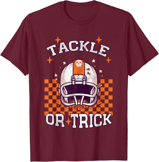 Tackle Football Halloween Spooky Sports Boys Kid T-Shirt - T-Shirt | Maroon