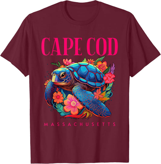Cape Cod Massachusetts Floral Beach Turtle Souvenir T-Shirt - T-Shirt | Maroon