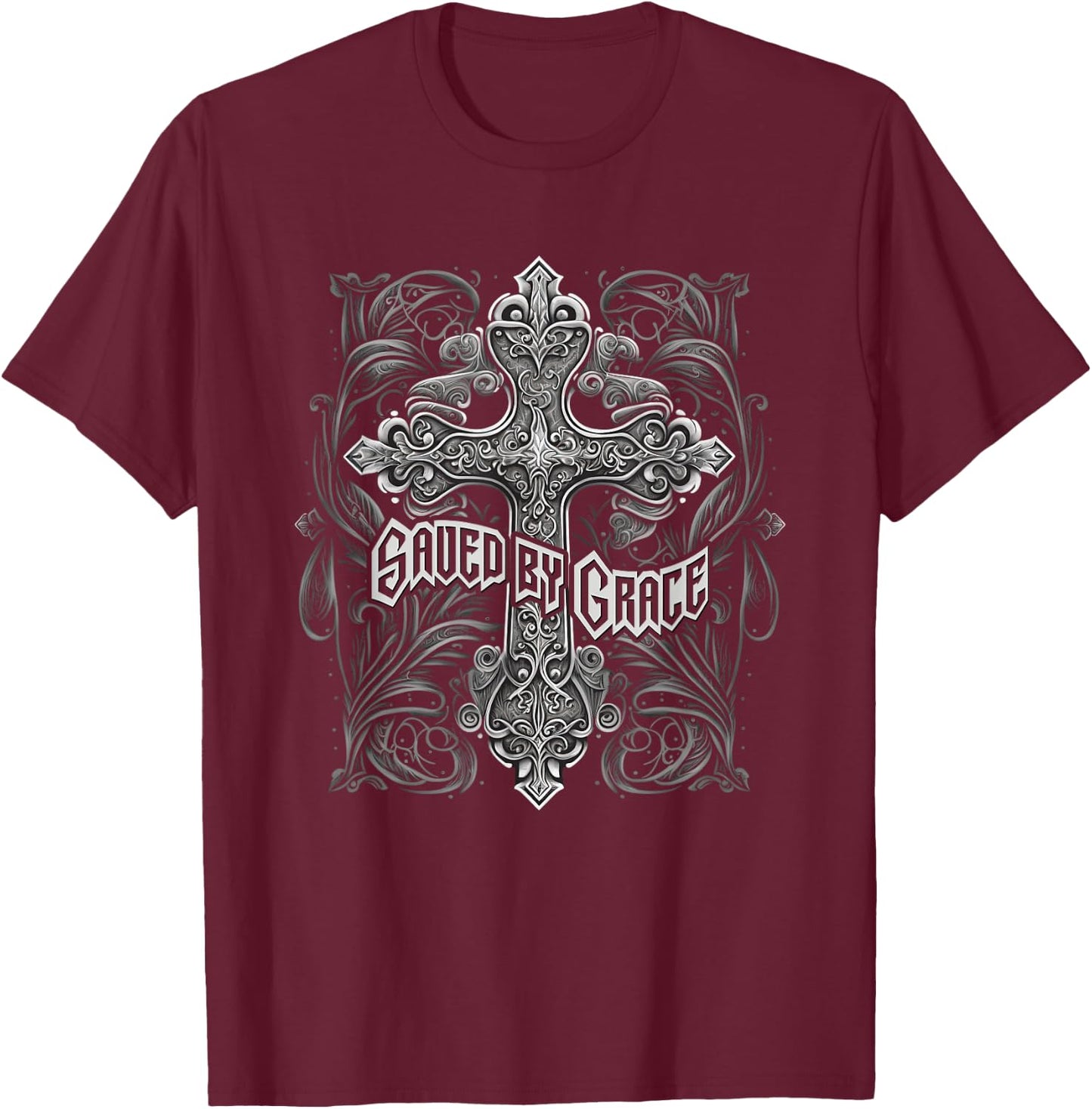Saved By Grace Christian Graphic Design Gothic Cross T-Shirt - T-Shirt | Maroon