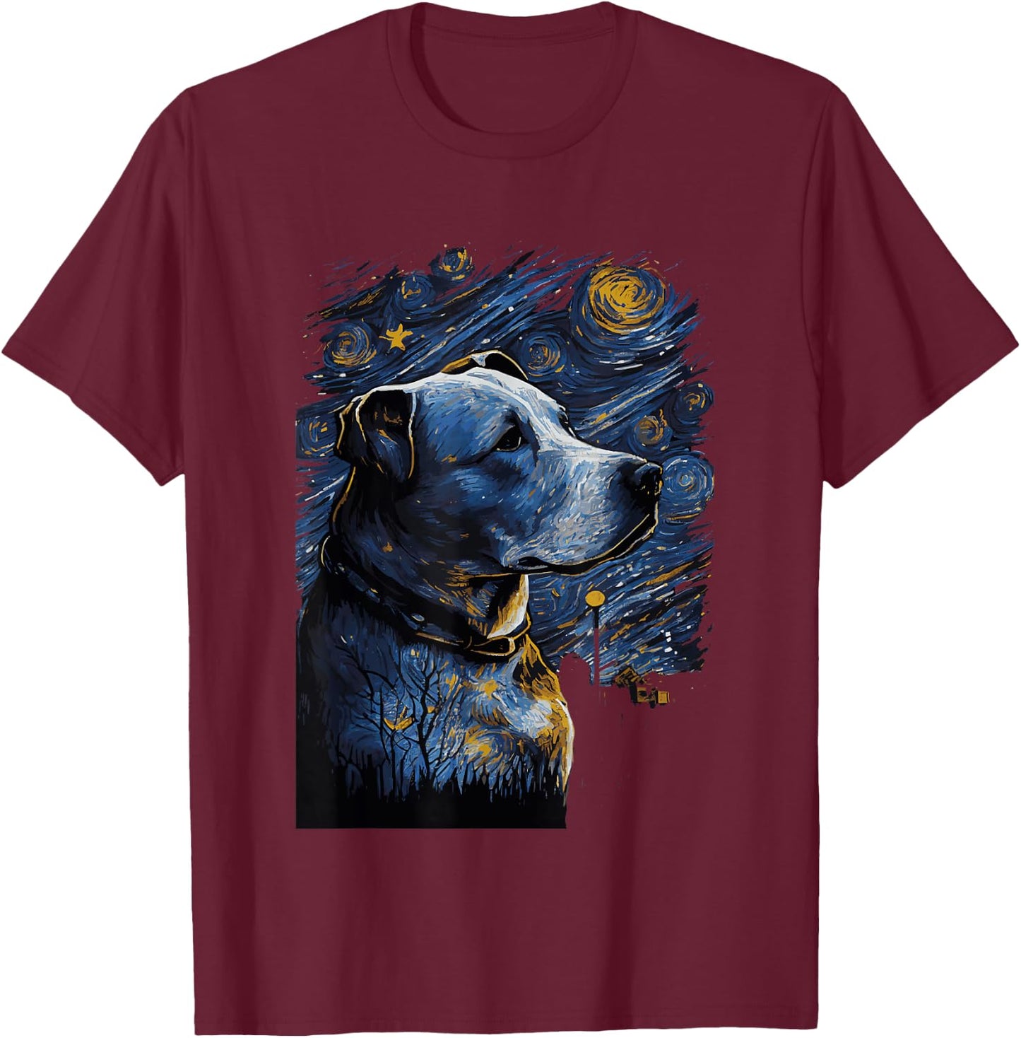 Pitbull Starry Night Dog T-Shirt - T-Shirt | Maroon