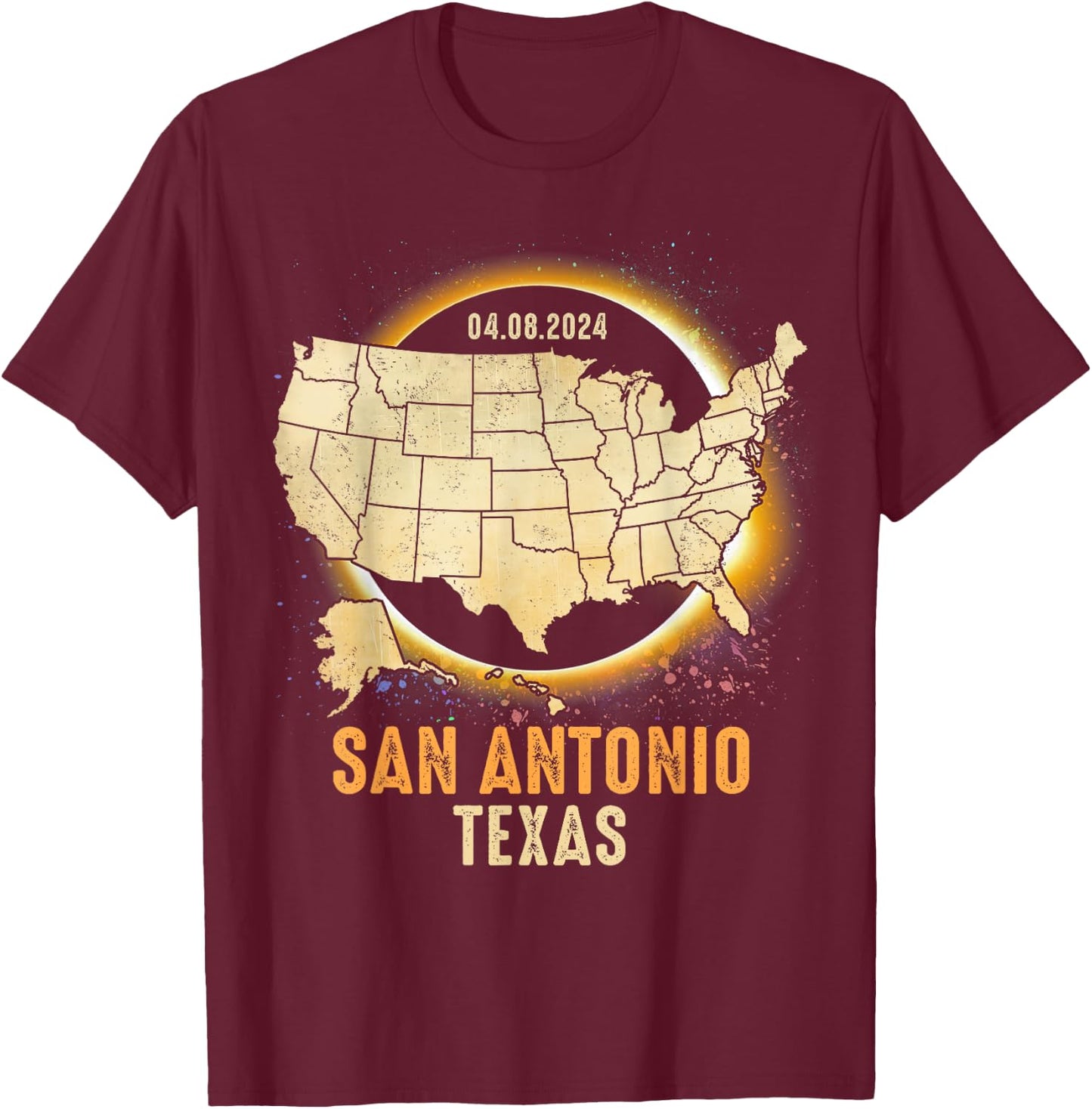 Total Solar Eclipse 2024 San Antonio Texas USA Map Colorful T-Shirt - T-Shirt | Maroon