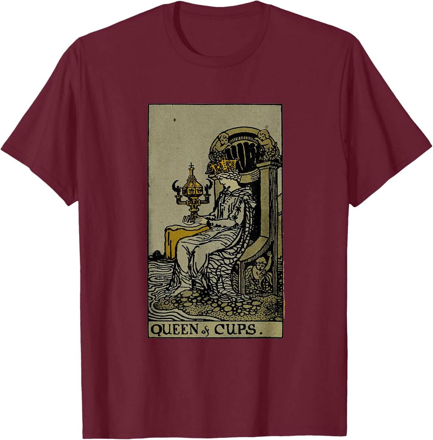 Vintage Tarot Card Queen of Cups T-Shirt - T-Shirt | Maroon