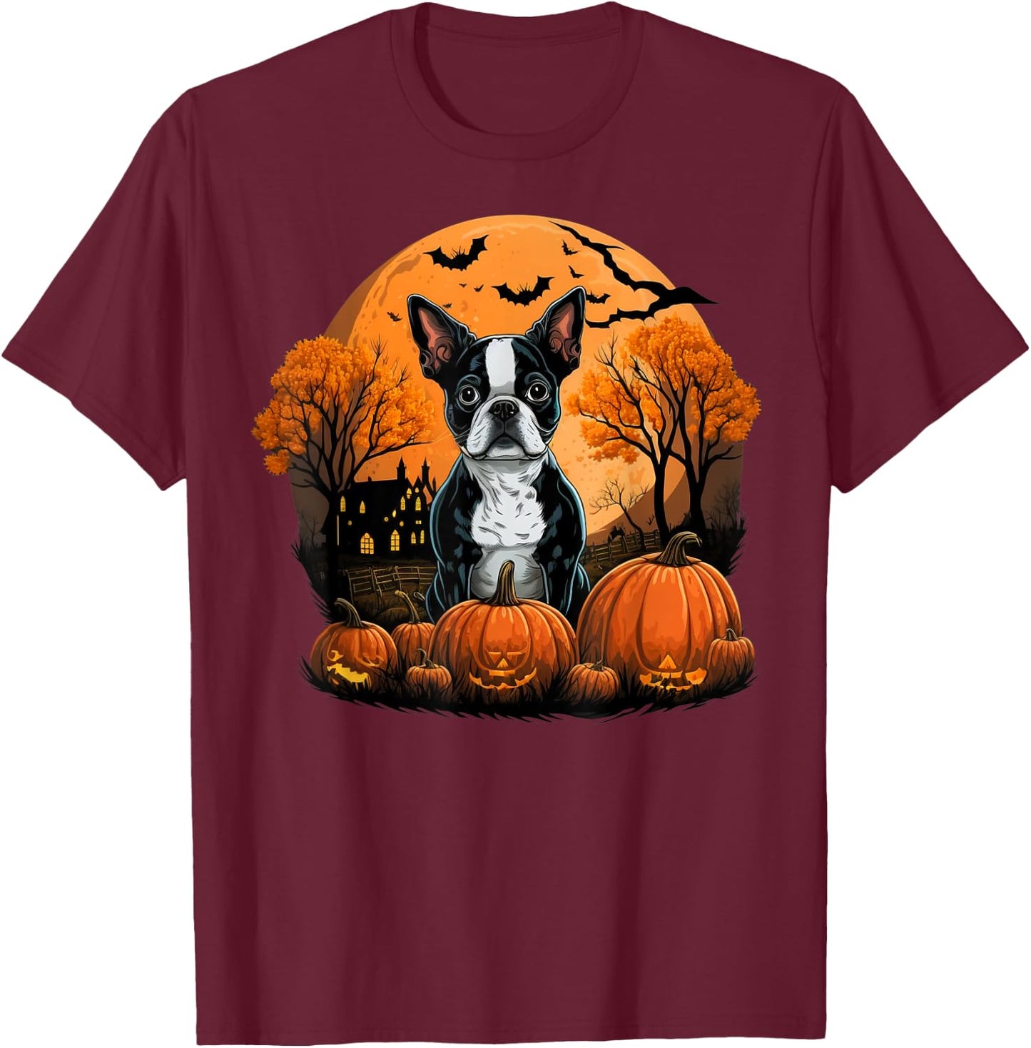 Pumpkin Boston Terrier costume on Boston Terrier Halloween T-Shirt - T-Shirt | Maroon