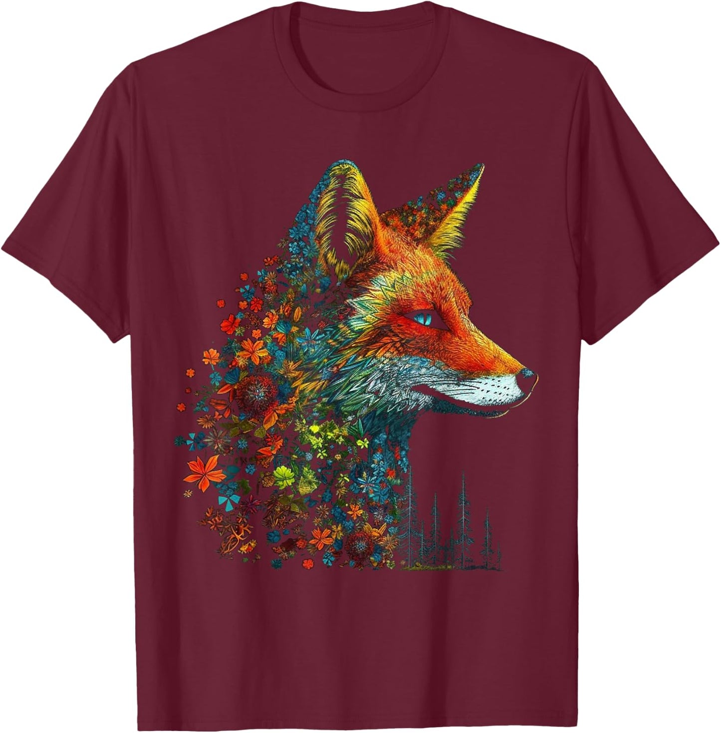 Fox Colourful Flowers - Blue Eyes Animal Art Fox T-Shirt - T-Shirt | Maroon