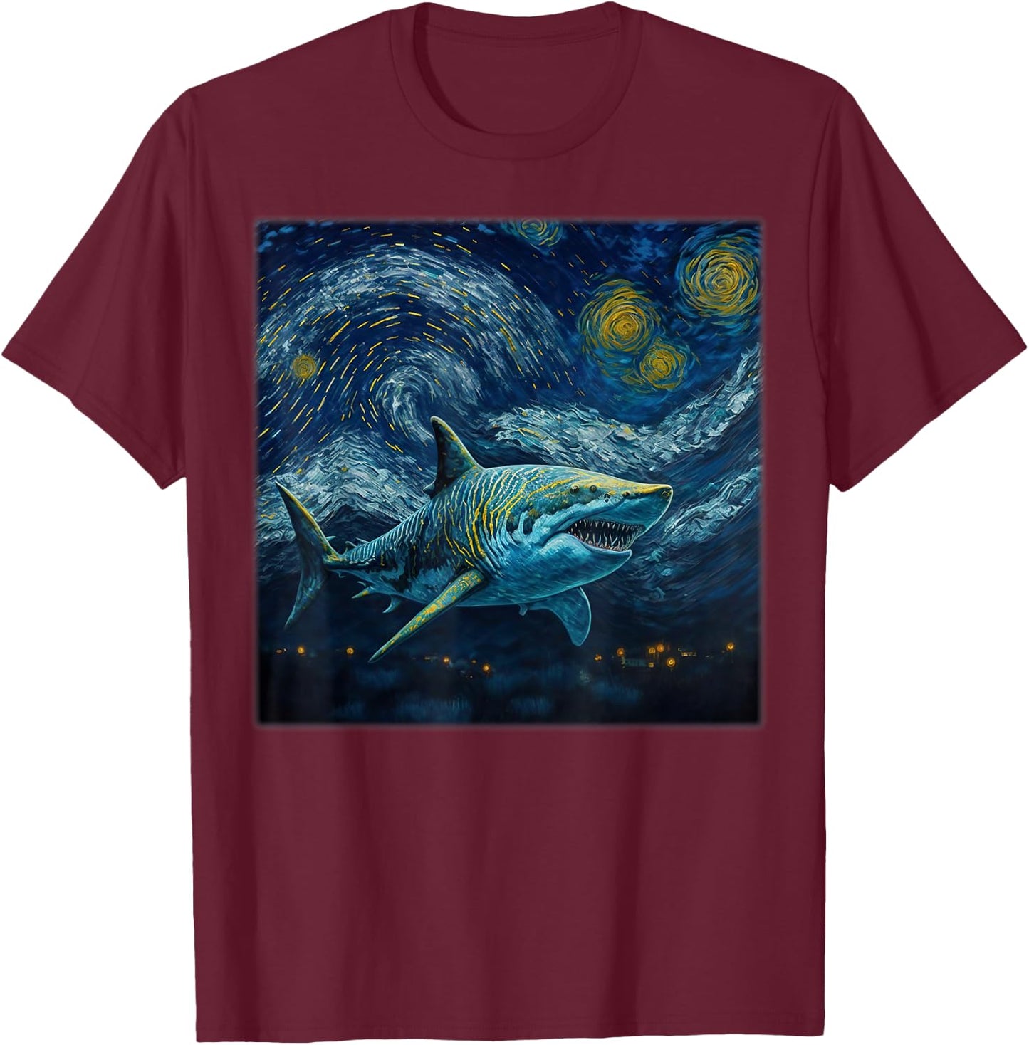 Surrealism Starry Night Tiger Shark T-Shirt - T-Shirt | Maroon