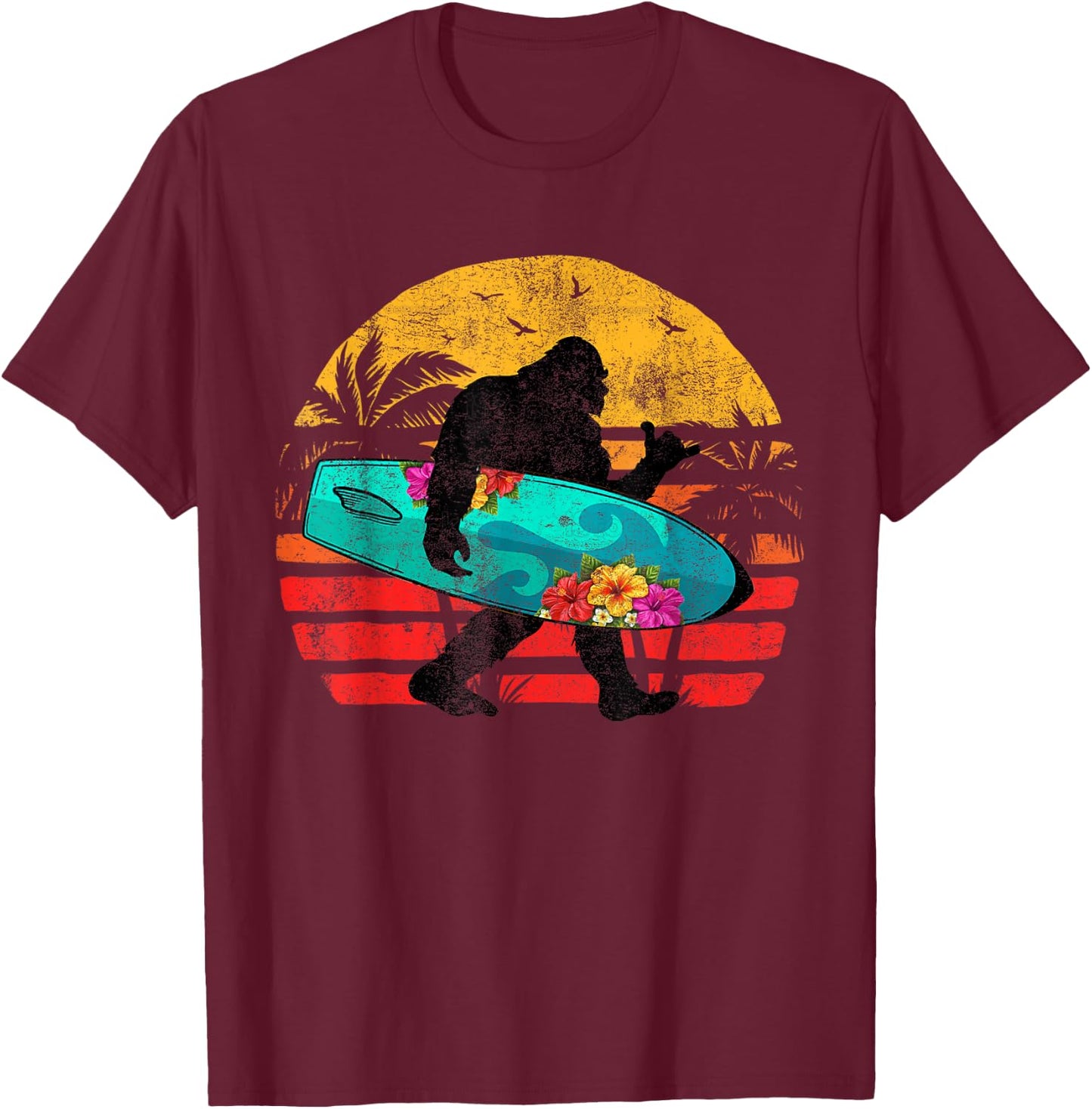 Funny Shaka Aloha Bigfoot Surfing Retro Hawaii Surfer Lover T-Shirt - T-Shirt | Maroon