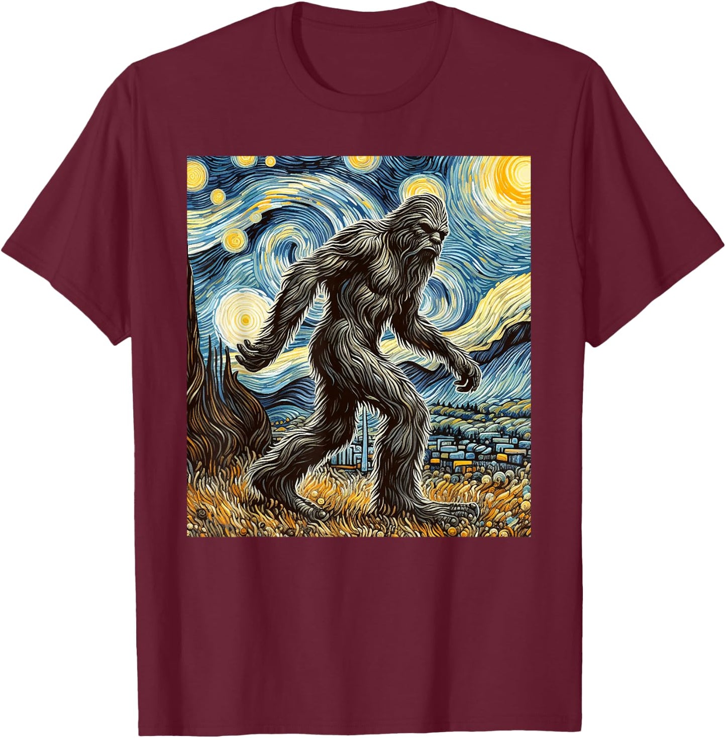 Funny Bigfoot Starry Night Sasquatch Van Gogh Sky Painting T-Shirt - T-Shirt | Maroon