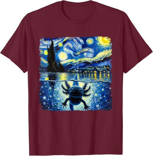 Graphic Axolotls Starry Night Outfit Van Gogh Axolotl Animal T-Shirt - T-Shirt | Maroon