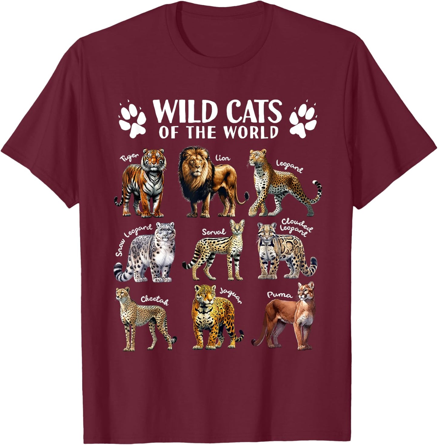 Wild Cats of the World Educational Animal Big Cat Types T-Shirt - T-Shirt | Maroon