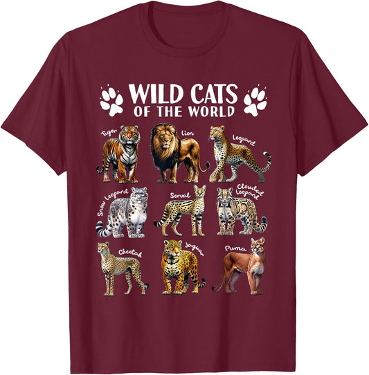Wild Cats of the World Educational Animal Big Cat Types T-Shirt - T-Shirt | Maroon