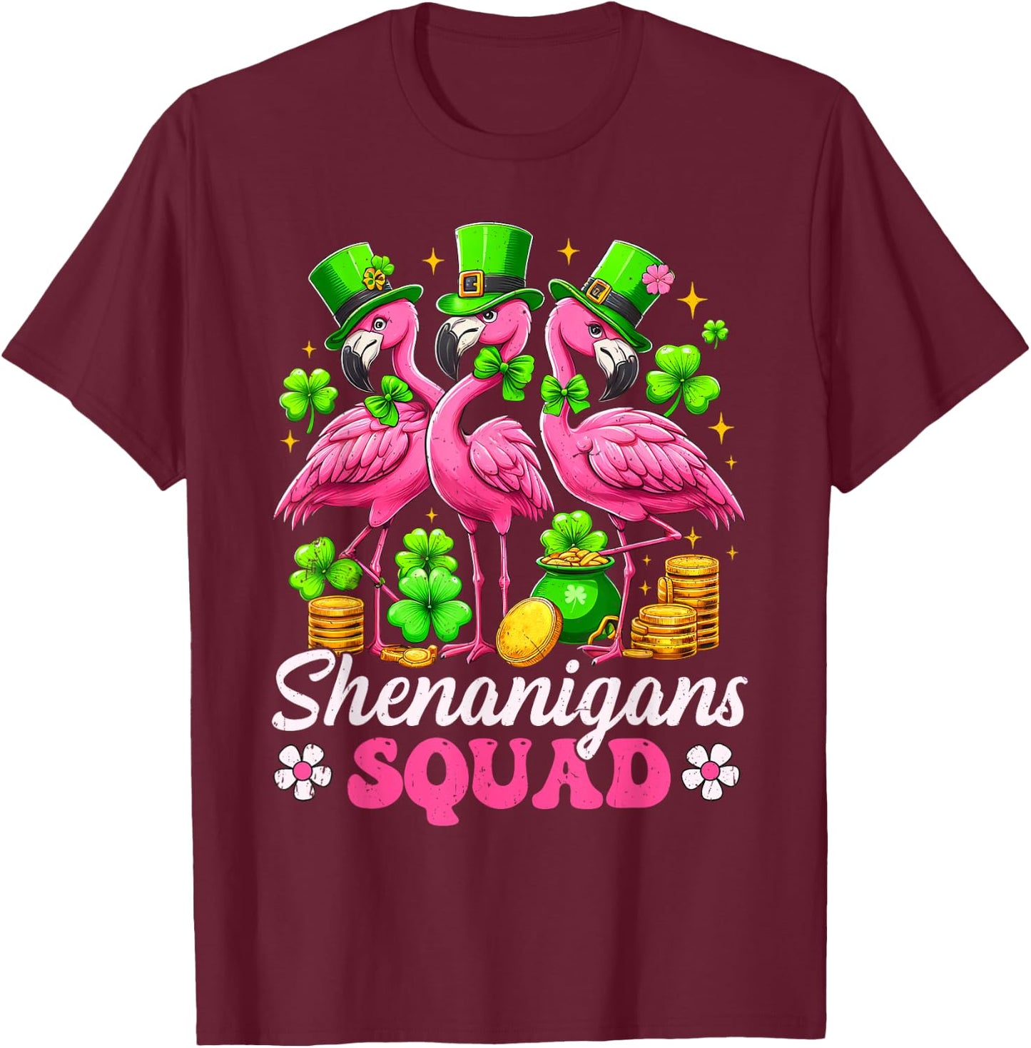 Groovy Shenanigan Squad Irish Flamingo St Patrick's Day T-Shirt - T-Shirt | Maroon